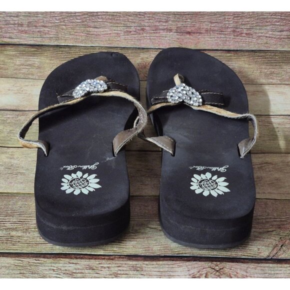 Yellow Box Leather Cowhide Cheetah Print Flip Flops Size 9 Heart & Bow Comfort - Picture 9 of 11
